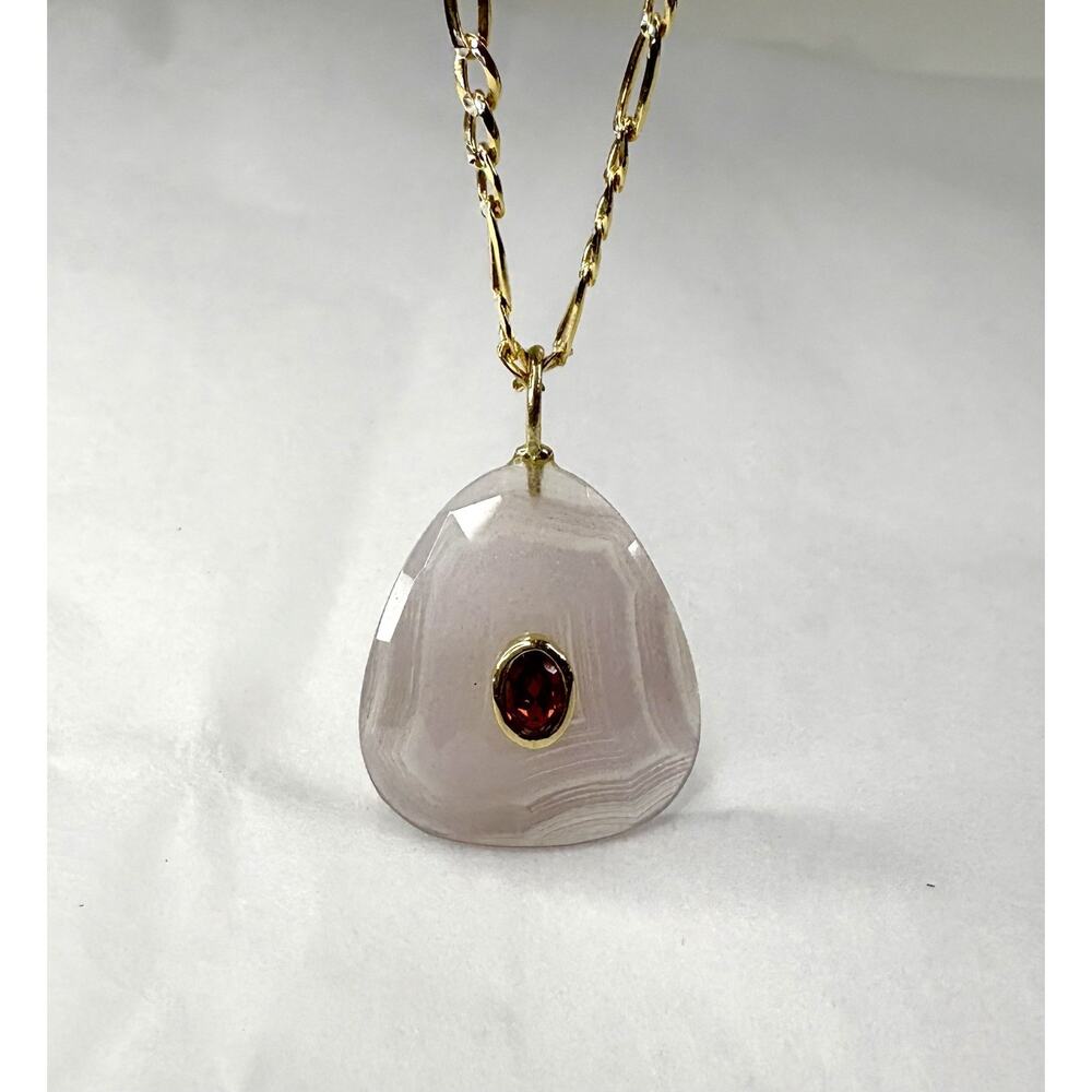 Agate Garnet Sterling Silver Gold Vermeil Pendant Necklace Figaro Chain 20” - Picture 2 of 6